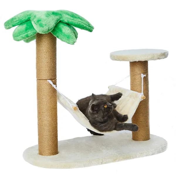 Small Cat Scratching Posts Kitty Coconut Tree-Cat Scratch Post with Hammock and Hang Ball for Cats and Kittens-Plush and Sisal Scratch Pole Cat Scratcher (Post &Hammock)…