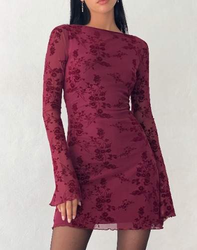 Sevila Long Sleeve Mini Dress in Flocked Botanical Flower Maroon | S