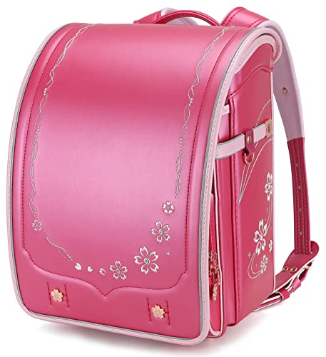 IwaiLoft Ransel Randoseru Backpack Automatic Satchel Japanese School Bag Cherry Blossom Sakura Embroidery PU Bookbag For Girls (Rose) - Rose