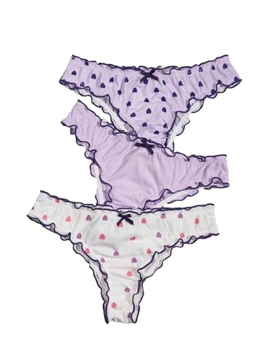 SHENHE Women's 3 Packs Underwear Heart Print Cute Panties Lettuce Trim Mid Rise Comfy Briefs - Small - Purple