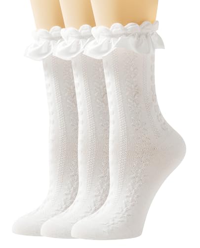 AMHRLINGTO Women Lace Socks Ruffle Frilly Socks - Comfortable Cotton Socks Cute Socks Princess Lolita for Ladies Gril - White - 3 Pairs - Cotton