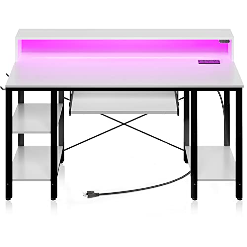 Rolanstar Computer Desk 47 inch with LED Lights & Power Outlets, Desk with Storage shelves, Home Office Desk with Keyboard Tray, Writing Desk with Monitor Stand, Work Study Desk for home office, White - White - 47 inch