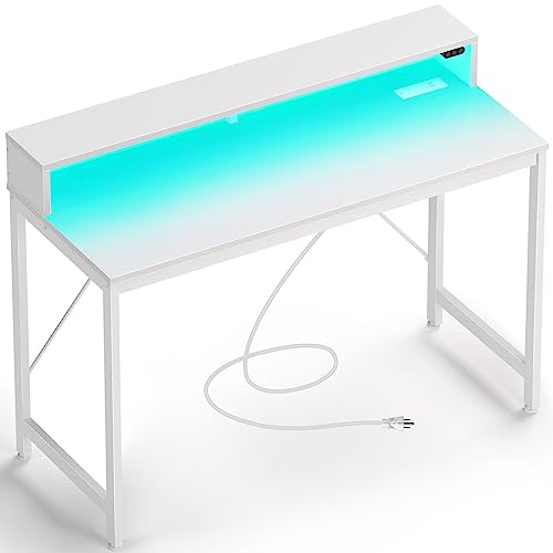Rolanstar Computer Desk 39.4" with LED Lights & Power Outlets, Home Office Desk with Monitor Shelf, Gaming Desk, White - 39.4 inch - White