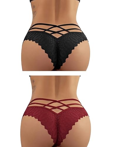 FULLJOYLOVE Femmes Culottes Satin Cheeky Strings Dentelle Culottes Dos Évider sous-Vêtements Grande Taille Bikini Slips - Noir, Rouge (2 Packs) - XL