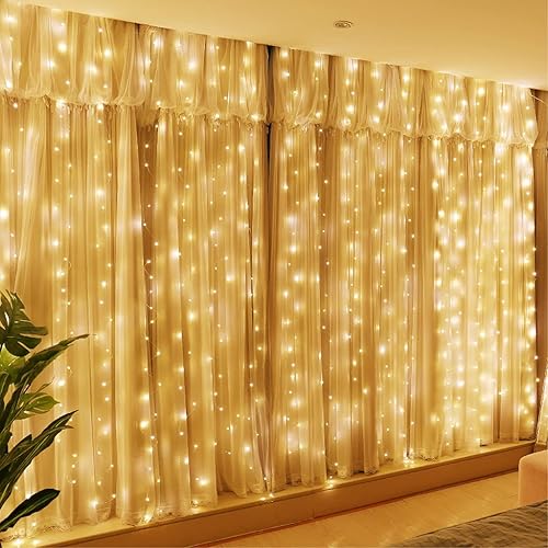 HXWEIYE 300LED Guirlande Lumineuse Rideau Blanc chaud Rideau Lumineux 3m*3m 8 Modes d'Eclairage USB Télécommande avec Minuterie pour Noël, Mariage, Anniversaire, Fenêtre, Maison - Blanc Chaud - Fil de cuivre 300L-argent