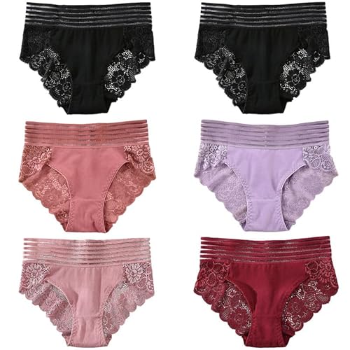 Hialegion Culotte Femme Taille Haute Dentelle Culotte sans Couture Taille Haute Lot Culotte Dentelle Femme 6PCS S-4XL - 6pcs-noir*2/Rouge*1/Rose*1/Violet*1/Marron*1 - 3XL Grande taille