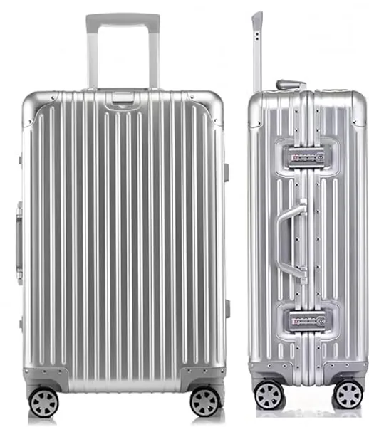 Aluminium Reisekoffer Bordkoffer Hartschalen-Koffer Trolley Rollkoffer Handgepäck Teleskopgriff, TSA, 4 Rollen (Silber, S)