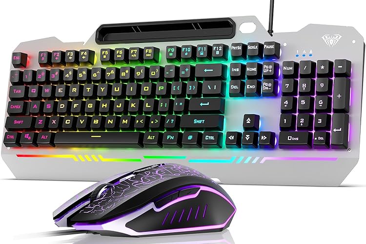 AULA Keyboard, T102 104 Keys Gaming Keyboard and Mouse Combo with RGB Backlit Quiet Computer Keyboard, All-Metal Panel, Waterproof Light Up PC Keyboard, USB Wired Keyboard Gaming for MAC Xbox PC Gamer - Black Keycaps + Silver Panel