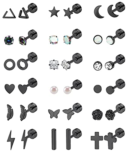 18 Pairs Stainless Steel Stud Earrings Set for Women Men Star Moon flower Heart Leaf Opal 20G Cartilage Earrings Hypoallergenic Flatback Earrings Piercing Jewelry - Black