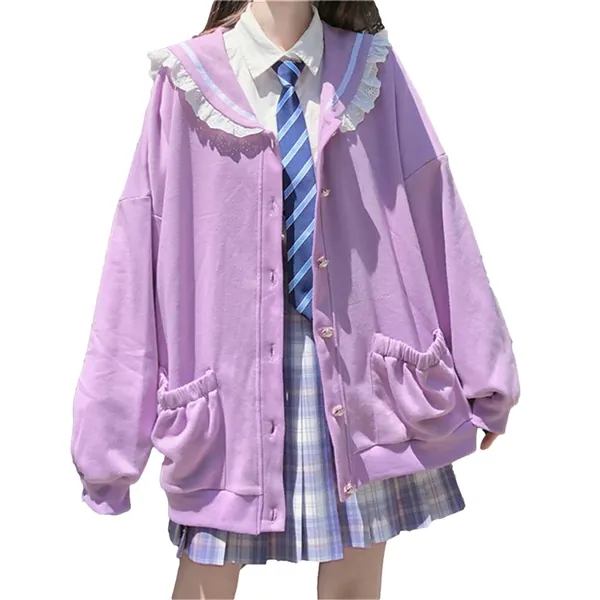 BZB Women's Kawaii Harajuku Japanese Lace Coat Jacket For Girls Sailor Collar Hooded Sweet Sweater Sweatshirt Cardigan - Purple X-Large