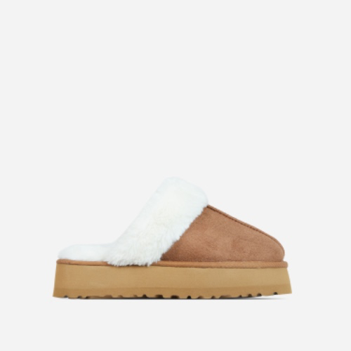 Sugar Faux Fur Trim Platform Slipper In Chestnut Brown Faux Suede