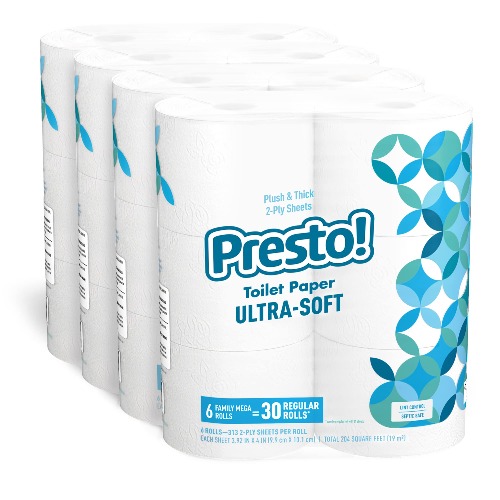 Amazon Brand - Presto! Mega Roll Toilet Paper, Ultra-Soft, 6 Count (Pack of 4), 24 Family Mega Rolls = 120 regular rolls - Ultra Soft 6 Rolls (Pack of 4)