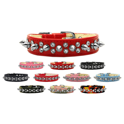 Pet and Dog Spike Collar, "Double Crystal & Spikes" - 18 / Black Patent