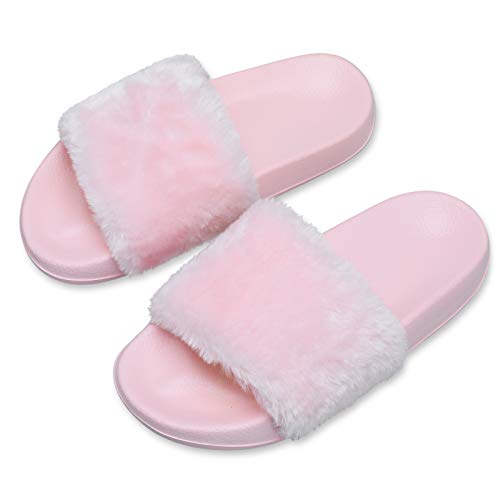 Spesoul Womens Furry Slippers Open Toe Indoor Outdoor House Casual Flat Slides Sandals - 9 - Pink