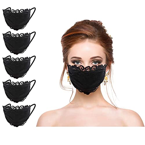 Geduochn Women Girls Lace Black Mask With Flower Embroidery Adjustable Earloops Breathable 2 Layers For Beauty Skin Care - 5pc Black