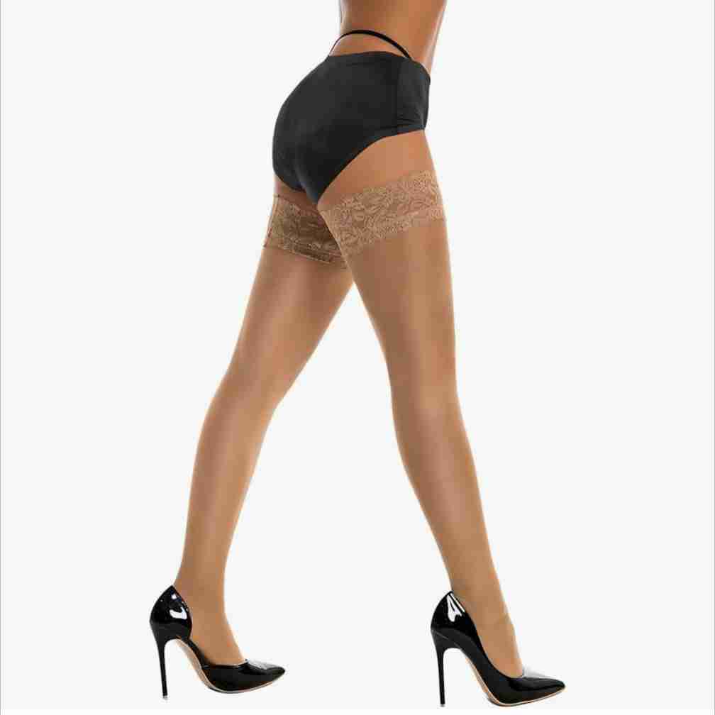 DORALLURE Thigh High Stockings Silicone Lace Top Stay Up Silky Semi Sheer Pantyhose for Women Hold Up Nylon