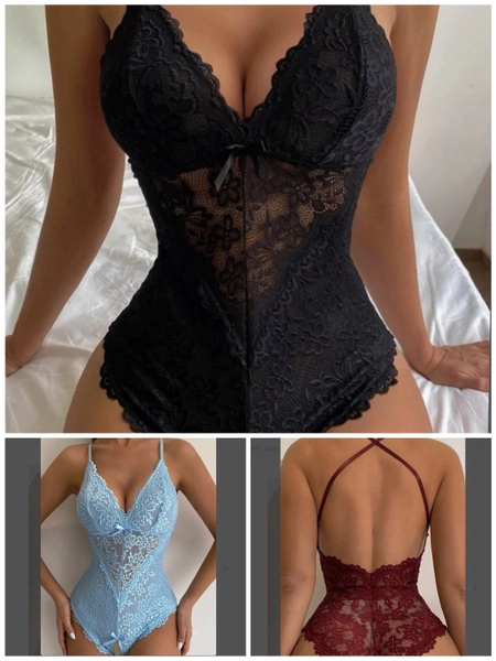The Open Lexie teddy with criss cross lace up  floral lace scallop trim crotchless bodysuit teddy In blue maroon or black