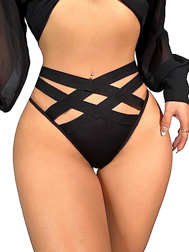 Milumia Women Criss Cross Cut Out Sexy Panties Lace Underwear Seamless Briefs Bikini Hipsters - Small - Strappy Black