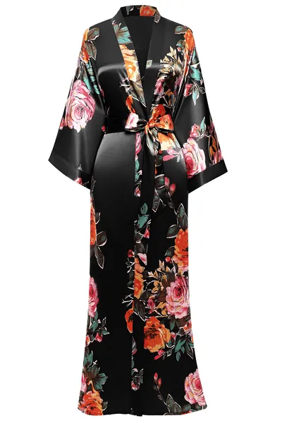 BABEYOND Kimono Robe Long Floral Bridesmaid Wedding Bachelorette Party Robe 53 Inches - Black