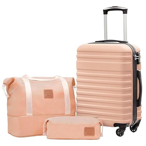 Coolife Suitcase Set 3 Piece Luggage Set Carry On Hardside Luggage with TSA Lock Spinner Wheels (Pink, 3 piece set (DB/TB/20)) - Pink - 3 piece set (DB/TB/20)