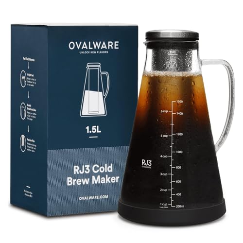 ovalware Airtight Cold Brew Iced Coffee Maker Pitcher (& Iced Tea Maker) with Spout – 1.5L/ 51oz RJ3 Brewing Glass Carafe with Removable Stainless Steel Filter - 1.5 Liter