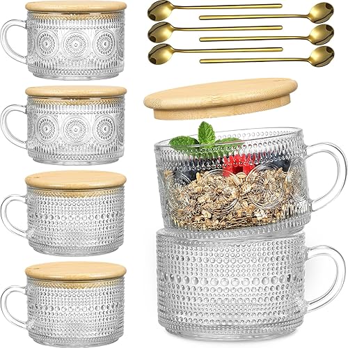 6 Pack 14oz Vintage Glass Coffee Mugs with Bamboo Lids and Spoons, Green Embossed Drinking Glasses for Iced Coffee, Tea, Latte - Cute Coffee Bar Accessories - 6 Pack
