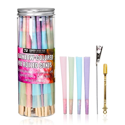 Colorful Pre Rolled Cones -72 Pack Rainbow King Size Cones Rolling Paper, Slow Burning Preroll Cones with Golden Spoon Suit Party(110mm) - 72pcs - King Size