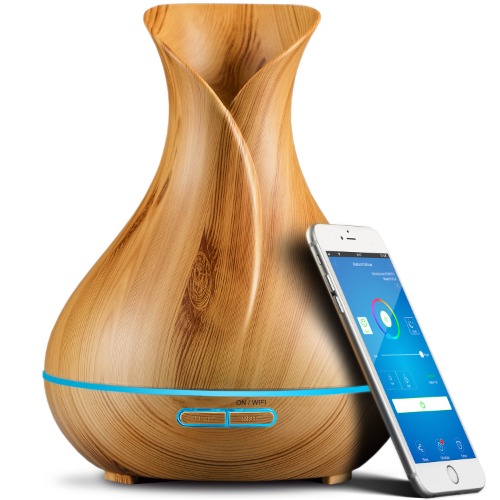 Smart WiFi Wireless Essential Oil Aromatherapy Diffuser - Works with Alexa & Google Home – Phone App & Voice Control - 400ml Ultrasonic Diffuser & Humidifier - Create Schedules - LED & Timer Settings - Light Brown