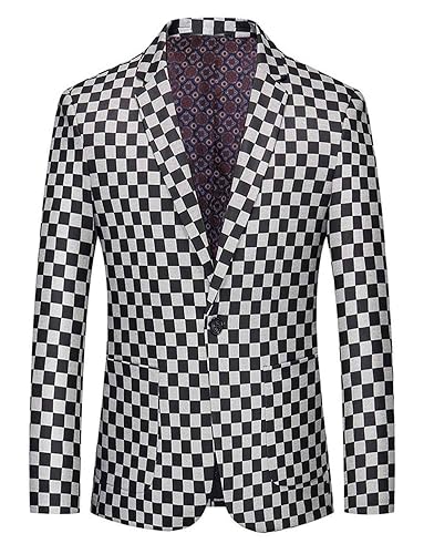Lacoac Men's Black and White Checkerboard Blazer One Button Suit Coat Notch Lapel Jacket - Black - 38