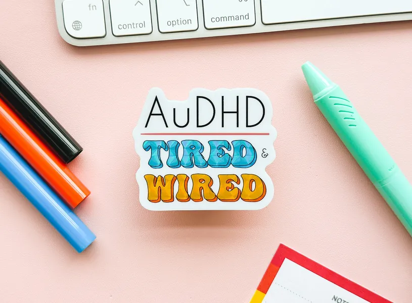 AuDHD Tired and Wired Mental Health Sticker | Autistic ADHD Funtimes | NeuroSpicy Groovy | Neurodivergent Sticker