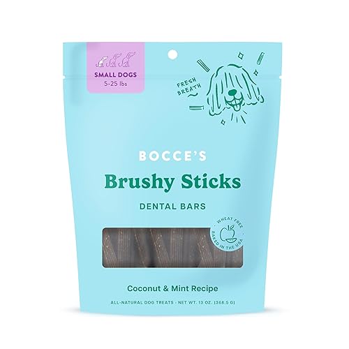Bocce’s Bakery Dailies Brushy Sticks to Support Oral Health & Fresh Breath, Wheat-Free Dental Bars for Dogs, Made with Real Ingredients, Baked in the USA, All-Natural Coconut & Mint Recipe, Small Dogs - Small Dogs