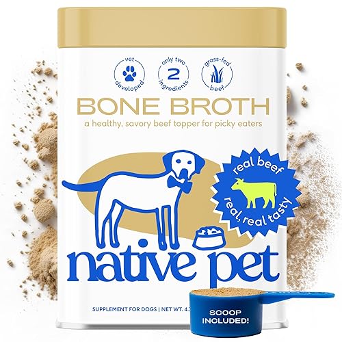 Native Pet Beef Bone Broth Powder for Dogs & Cats, 4.75oz - Pet Gravy Food Topper for Picky Eaters – Cat & Dog Bone Broth Powder - Protein Rich Pet Food Supplement & Collagen Source - Beef - 48 Servings