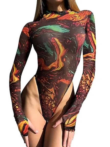 Women Rave Outfit Sexy Mesh Teddy Lingerie Bodysuit Tie Dye Mock Neck Long Sleeves Body Suit Tops - Black Tie Dye - Medium