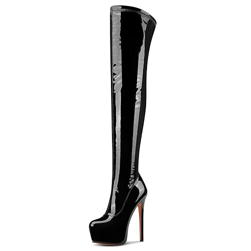 Aachcol Patent Leather Over The Knee Stiletto Boots Platform Thigh High Boots Round Toe Side Zipper Sexy Dress High Heel Boots 5.9 Inches Heels - 8 - Black