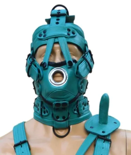 Leather muzzle head harness adjustable Leather Face Hood with gag