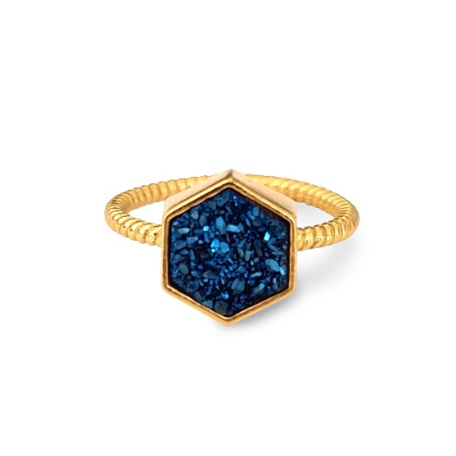 Night Sky Hexagon Statement Ring/18K Yellow Gold & Blue Titanium Druzy - Medium (US 7)