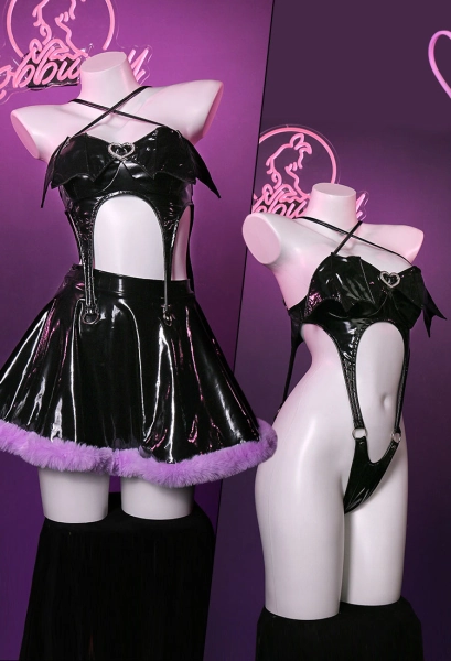 Gothic Sexy Lingerie Set Bat Wings Cutout Halter Bodysuit and Furry Skirt and Gloves