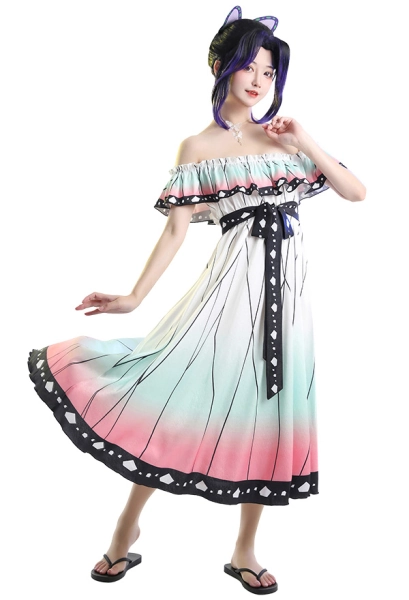 Women Ruffle Beach Dress Butterfly Pattern Off-Shoulder Long A Line Dress
