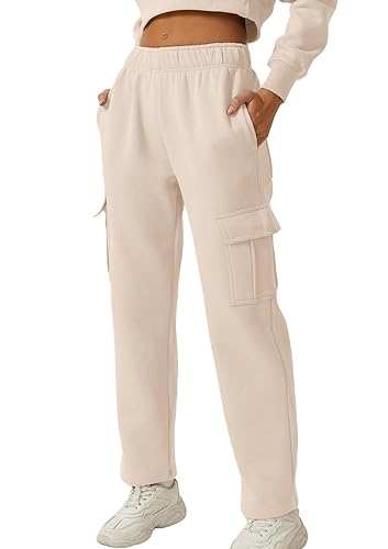 QINSEN Womens Medium Waist Baggy Elastic Waist Sweatpants Casual Fleece Long Pants with Pockets - Small - Beige