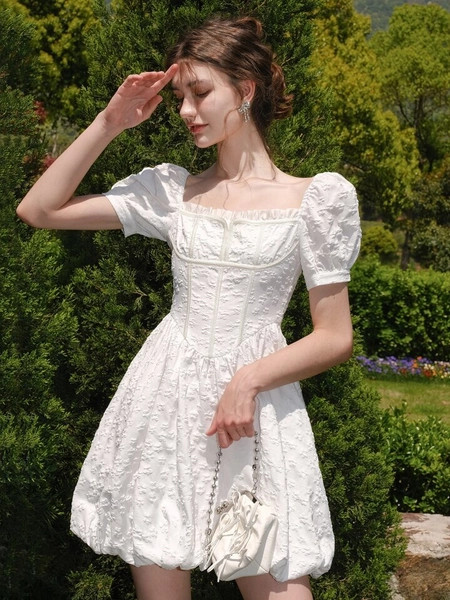 Puff Sleeve Frill Trim Fit & Flare Dress