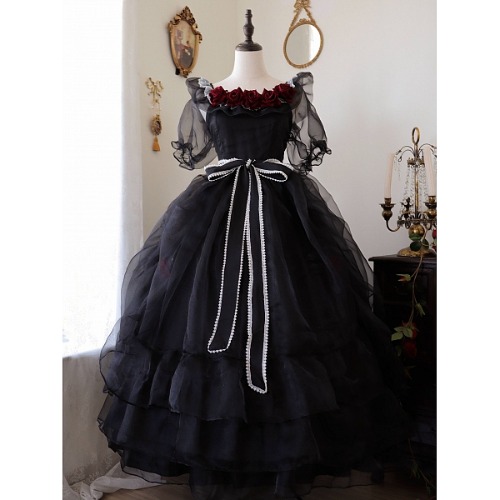 [$99.75]Plus Size Friendly Princess Appointment Black Rose Design Off-the-shoulder Short Sleeves One Piece