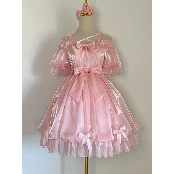 [$57.25]Bowknot Details Ruffle Off-the-shoulder Neckline Short Sleeves Lolita OP