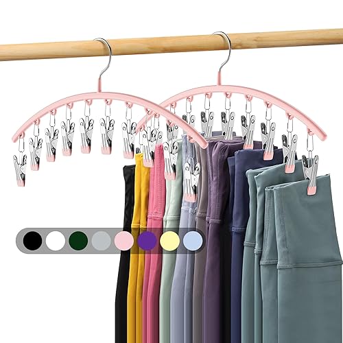Legging Organizer for Closet, Metal Yoga Pants Hangers 2 Pack w/10 Clips Holds 20 Leggings, Space Saving Hanging Closet Organizer w/Rubber Coated Closet Organizers and Storage, Pink - Pink - 2 Pack