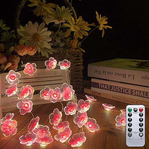 Cynzia Pink Cherry Blossom Flower String Lights 40 LED 13FT Sakura Decorative Lights Battery Operated Light with Remote, Christmas Novelty Fairy Light for Girl Bedroom, Party, Garden