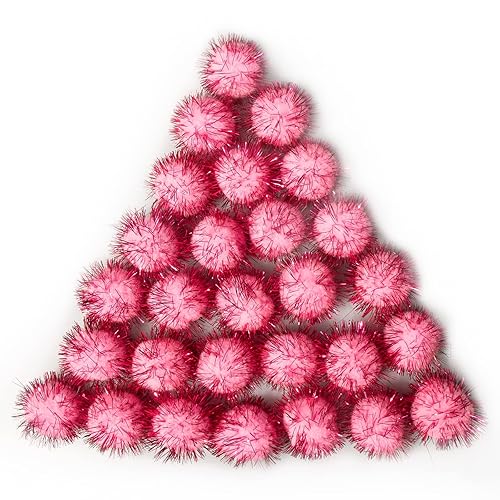 VAPKER 30 Piece 1.5" Pink Color Sparkle Balls Cat's Favorite Toy Tinsel Pom Poms Glitter - 4:Pink