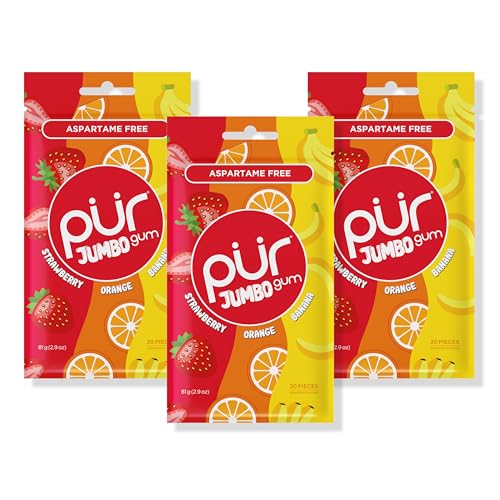 PUR Jumbo Gum | Aspartame Free Chewing Gum | 100% Xylitol | Natural Strawberry, Banana, Orange Flavour, 20 Pieces (Pack of 3) - Strawberry, Banana, Orange - 20 Count (Pack of 3)