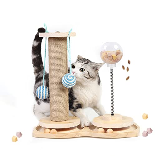 Marchul 4 in1 Interactive Cat Toy, Cat Scratching Post with Hanging Ball, Cat Food Treat Toy for Indoor Cats and Kittens with Wooden Track Balls, Kitten Sisal Scratcher Toy with Cat Treat Dispenser - Scratching Post+Treat Ball
