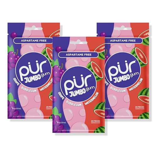 PUR Jumbo Gum | Aspartame Free Chewing Gum | 100% Xylitol | Natural Bubblegum, Grape, Watermelon Flavour, 20 Pieces (Pack of 3) - Bubblegum, Grape, Watermelon - 20 Count (Pack of 3)