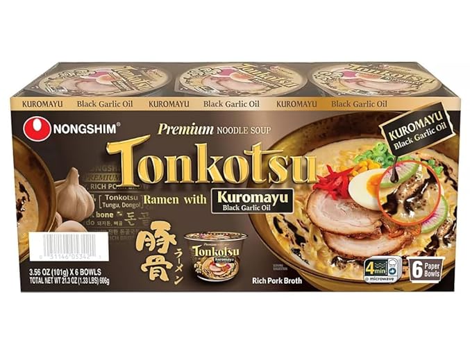 Nongshim Tonkotsu Ramen Premium Noodle Soup, Kuromayu Black Garlic Oil, Rich Pork Broth, 3.56 oz, 6 ct, By Whizzotech