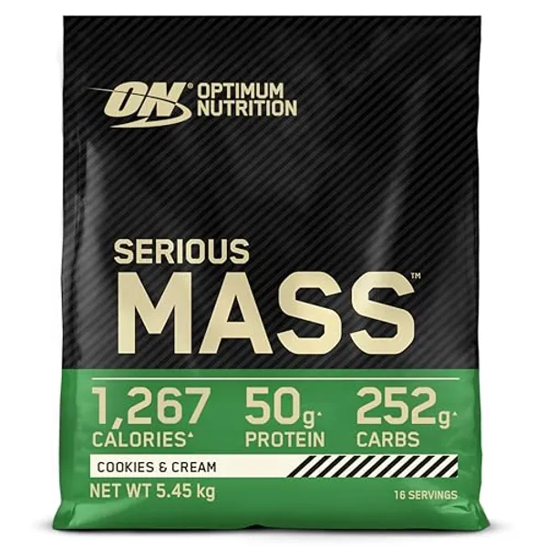 Optimum Nutrition Serious Mass Protein Powder with Creatine, Glutamine, 25 Vitamins and Minerals, Cookies & Cream Flavour, 16 Servings, 5.45KG